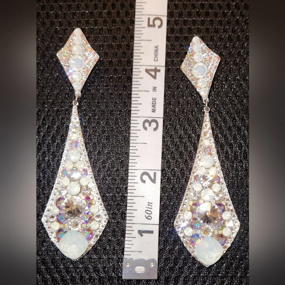 Opalescent Teardrop Crystal Earrings in White & Silver